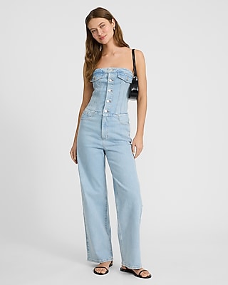 Light Wash Strapless Corset Button Front Wide Leg Denim Jumpsuit