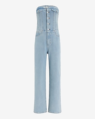 Light Wash Strapless Corset Button Front Wide Leg Denim Jumpsuit