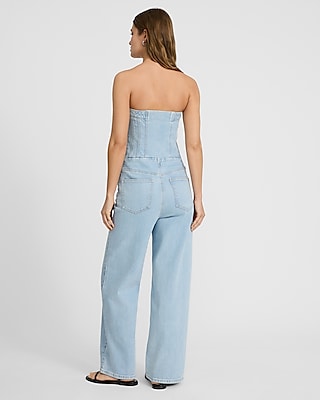 Light Wash Strapless Corset Button Front Wide Leg Denim Jumpsuit