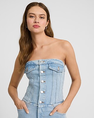 Light Wash Strapless Corset Button Front Wide Leg Denim Jumpsuit
