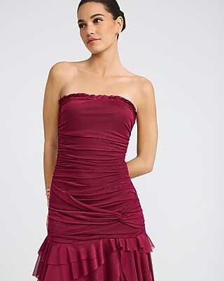 Mesh Strapless Ruched Drop Waist Ruffle Midi Dress - image 2