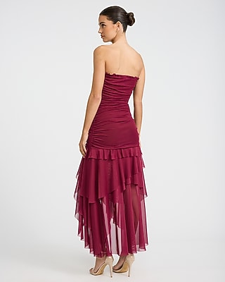Mesh Strapless Ruched Drop Waist Ruffle Midi Dress - image 3