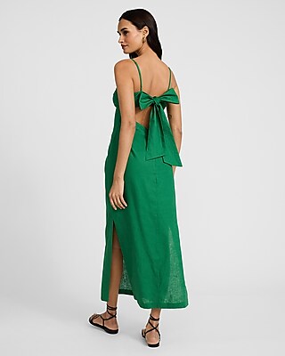 Linen-Blend Sleeveless Open Back Bow Midi Dress