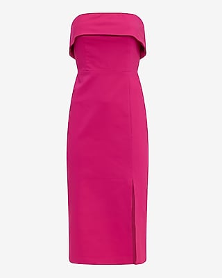 Stretch Cotton Fold Over Strapless Midi Sheath Dress