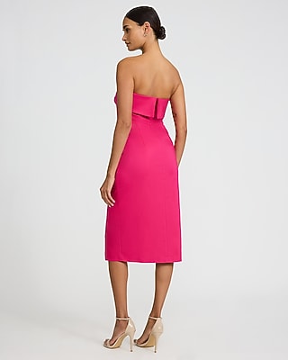 Stretch Cotton Fold Over Strapless Midi Sheath Dress