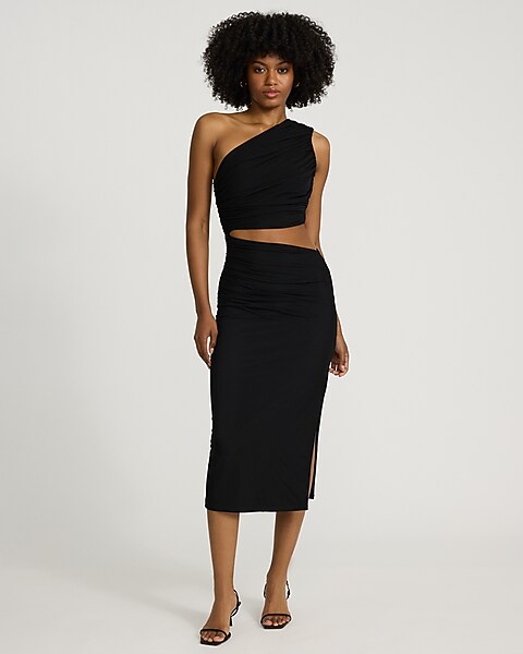 one shoulder midi dress Slate Blue One-Shoulder Sleeveless | Womens | X-Large (Available in XS) | 100% Polyester | Lulus | Stretchy Fabric stretch European ponte for the perfect all Elan One Shoulder Tie Side