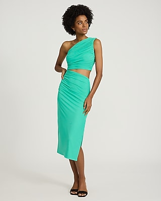 Mesh One Shoulder Ruched Cutout Midi Sheath Dress