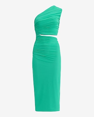 Mesh One Shoulder Ruched Cutout Midi Sheath Dress