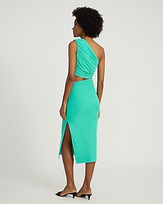 Mesh One Shoulder Ruched Cutout Midi Sheath Dress