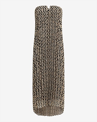 Printed Pleated Strapless V-Wire Midi Dress