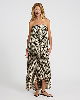 Printed Pleated Strapless V-Wire Midi Dress