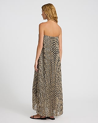 Printed Pleated Strapless V-Wire Midi Dress
