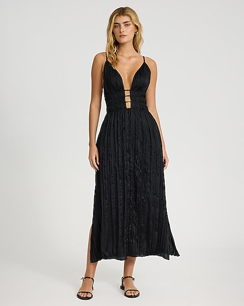 knee length dresses for ladies Green Slate Metallic Crinkled Mesh Draped Long Gown main image 1