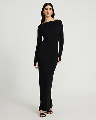 Boat Neck Long Sleeve Ruched Maxi Dress
