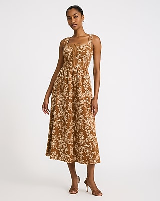 Floral Square Neck Corset Smocked Back Midi Dress