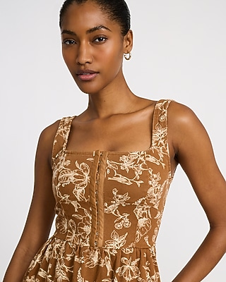 Floral Square Neck Corset Smocked Back Midi Dress
