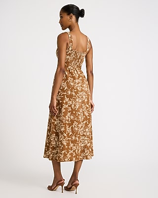 Floral Square Neck Corset Smocked Back Midi Dress