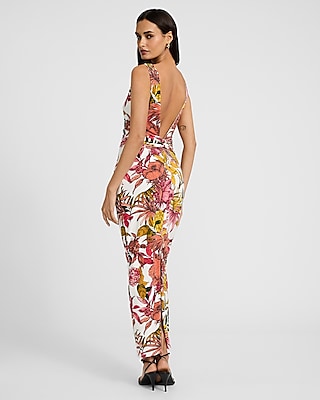 Floral Boat Neck Sleeveless Low Twist Back Maxi Dress