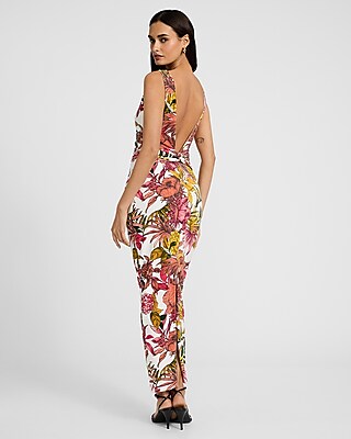 Floral Boat Neck Sleeveless Low Twist Back Maxi Dress