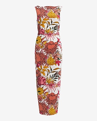 Floral Boat Neck Sleeveless Low Twist Back Maxi Dress