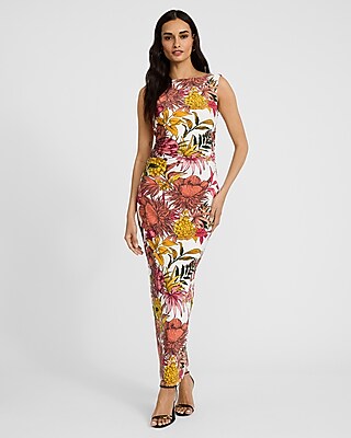 Floral Boat Neck Sleeveless Low Twist Back Maxi Dress