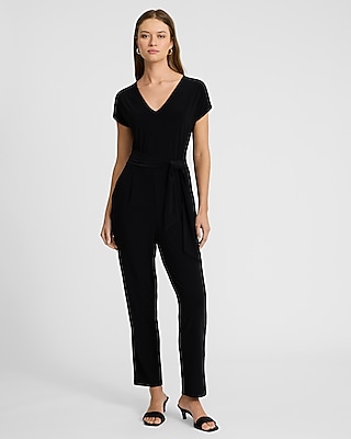 V-neck Short Sleeve Tie Waist Straight Leg Jumpsuit