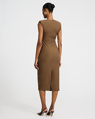 Crew Neck Cap Sleeve Ruched Midi Sheath Dress