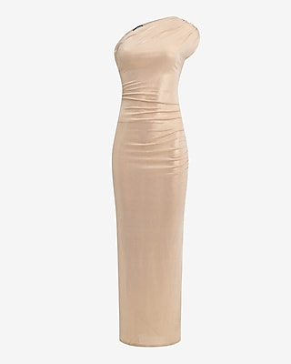 Metallic Ruched One Shoulder Maxi Dress