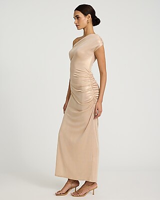 Metallic Ruched One Shoulder Maxi Dress