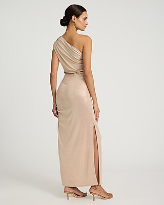 Metallic Ruched One Shoulder Maxi Dress
