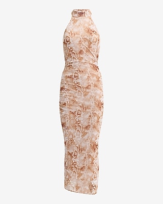 Mesh Snake Print Halter Neck Midi Dress