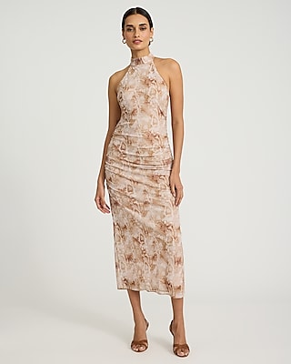 Mesh Snake Print Halter Neck Midi Dress
