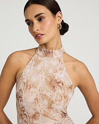 Mesh Snake Print Halter Neck Midi Dress