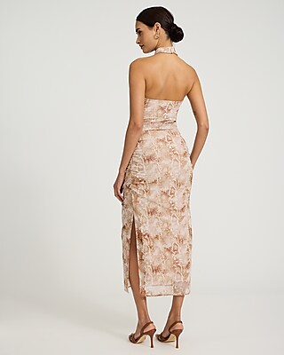 Mesh Snake Print Halter Neck Midi Dress