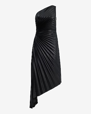 Faux Leather One Shoulder Pleated Cutout Asymmetrical Midi Dress