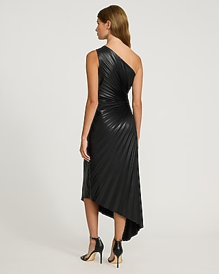 Faux Leather One Shoulder Pleated Cutout Asymmetrical Midi Dress
