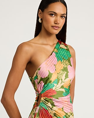 Satin Floral One Shoulder Pleated Cutout Asymmetrical Midi Dress