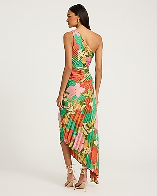one shoulder cut out waist pleated asymmetrical hem dress Satin Floral Cutout Midi national-day-sale Hand Wash Cold Core Colors:Ruby Red Floral Azazie A-Line/Princess Off The