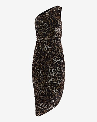 Mesh Leopard One Shoulder Asymmetrical Midi Dress