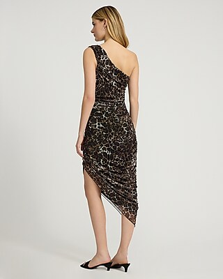 Mesh Leopard One Shoulder Asymmetrical Midi Dress