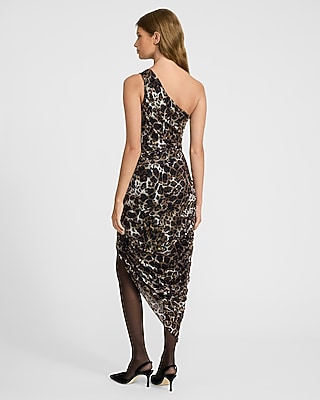 Mesh Leopard One Shoulder Asymmetrical Midi Dress