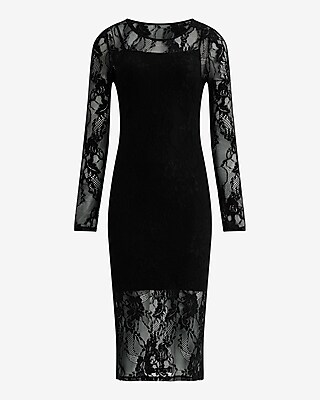 Lace Crew Neck Long Sleeve Midi Sheath Dress