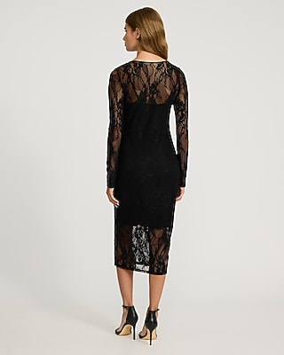 Lace Crew Neck Long Sleeve Midi Sheath Dress