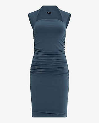 Body Contour Square Neck Sleeveless Ruched Midi Sheath Dress