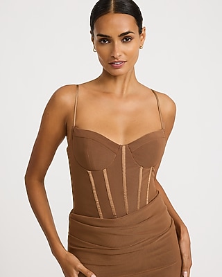 Mesh Corset Draped Front Maxi Dress