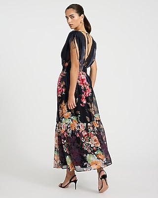 Floral Chiffon V-Neck Tie Back Maxi Dress