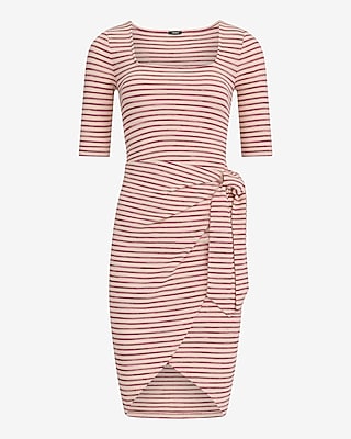 Textured Waffle Striped Scoop Neck Wrap Mini Sheath Dress