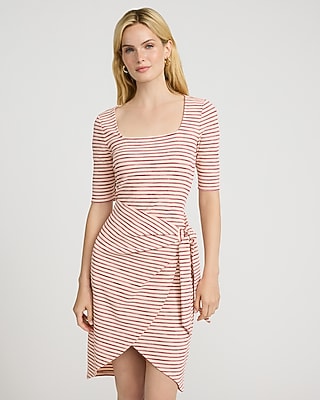 Textured Waffle Striped Scoop Neck Wrap Mini Sheath Dress