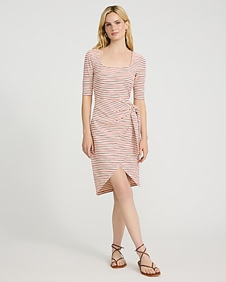 Textured Waffle Striped Scoop Neck Wrap Mini Sheath Dress
