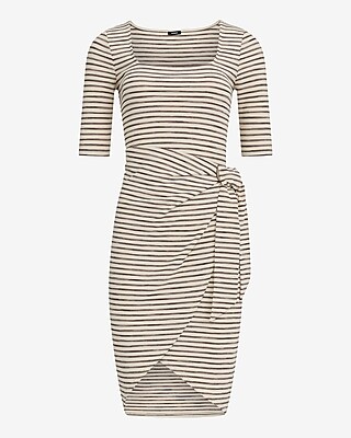 Textured Waffle Striped Scoop Neck Wrap Mini Sheath Dress